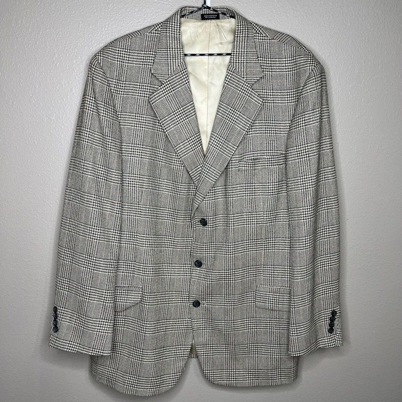 Casual Options Blue Houndstooth Plaid Silk Wool Blend Single Breasted Blazer - Picture 9 of 9